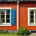 **Image:** A cozy, well-maintained Swedish house facade with vibrant linseed oil paint. Focus on the texture of the painted wood, showcasing the brushstrokes and the matte finish. Include details like window frames with restored putty and well-cared-for traditional garden elements.