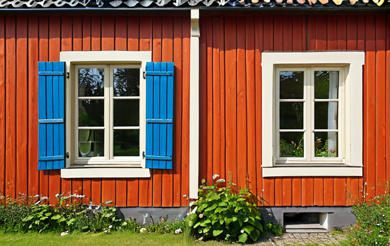 **Image:** A cozy, well-maintained Swedish house facade with vibrant linseed oil paint. Focus on the texture of the painted wood, showcasing the brushstrokes and the matte finish. Include details like window frames with restored putty and well-cared-for traditional garden elements.